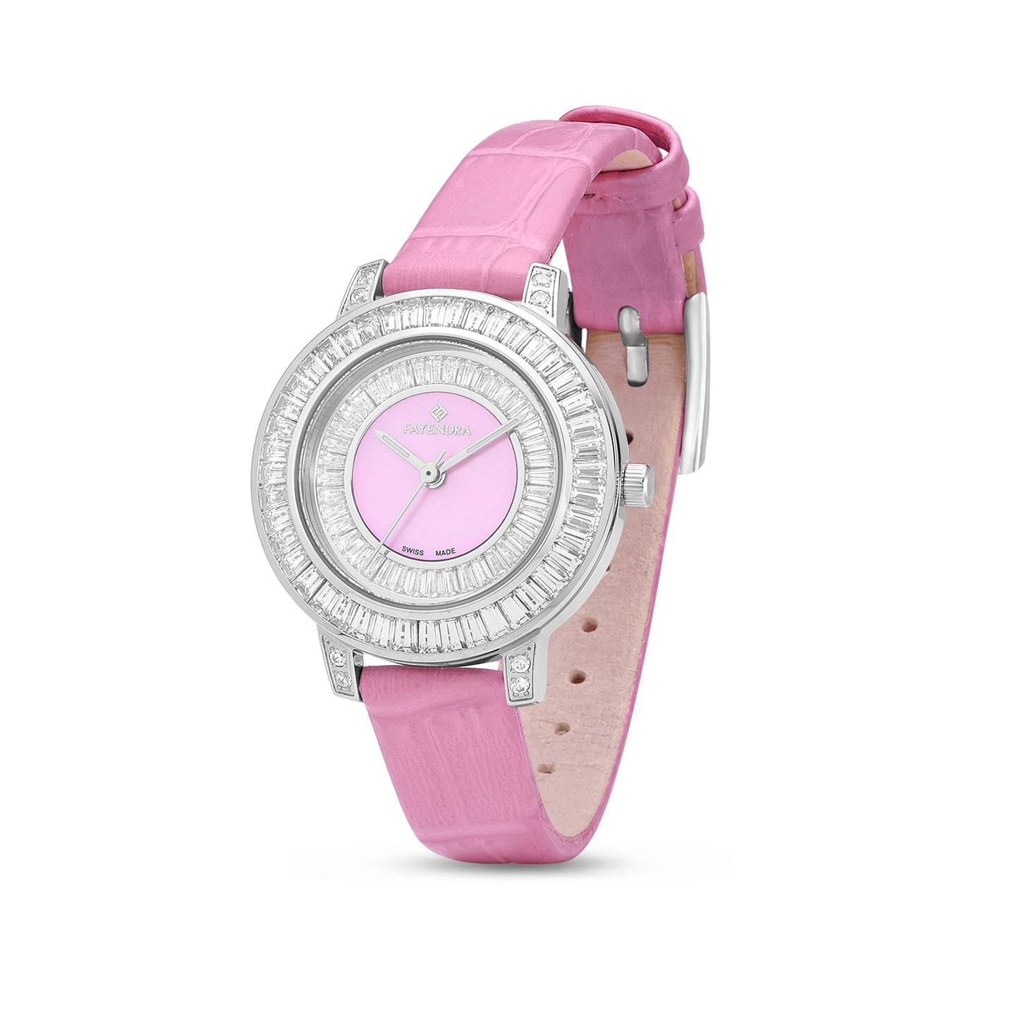 Stainless Steel 316L Watch Silver Color Pink Leather Embedded With White Zircon - PINK MOP DIAL