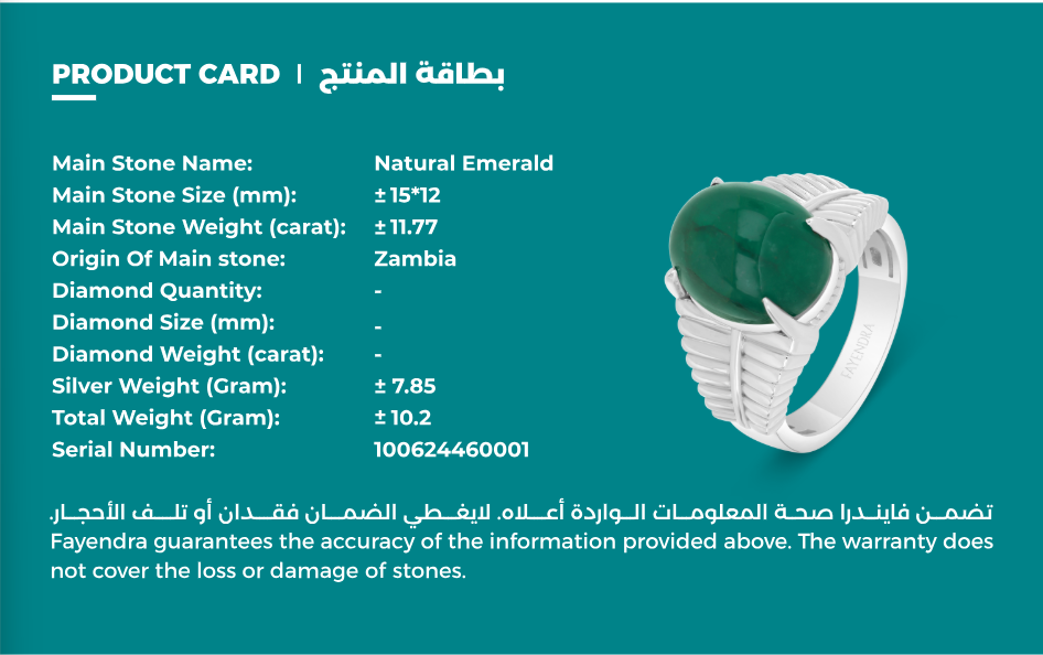 خاتم رجالي من الفضة الخالصة عيار 925 مطلي روديوم مرصع احجار زمرد طبيعي