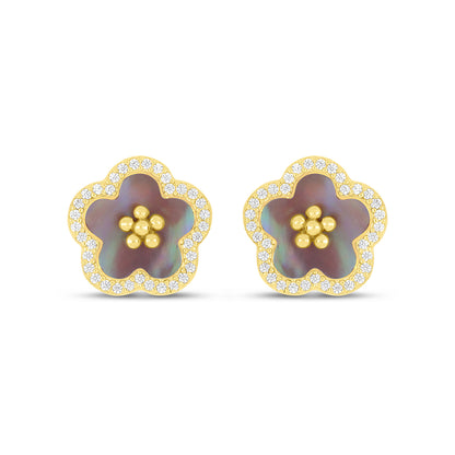 Sterling Silver 925 Earring Golden Plated Embedded With Pink Shell And White Zircon