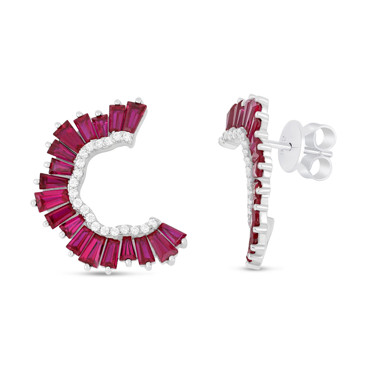 Sterling Silver 925 Earring Rhodium Plated Embedded With Ruby Corundum And White Zircon
