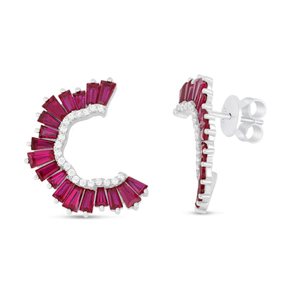Sterling Silver 925 Earring Rhodium Plated Embedded With Ruby Corundum And White Zircon