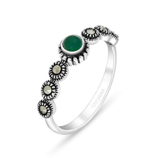 Sterling Silver 925 Ring Embedded With Natural Green Agate And Marcasite Stones
