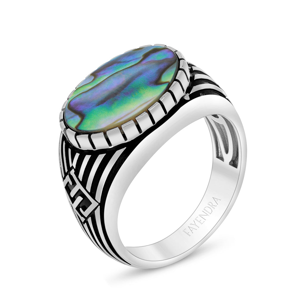 Sterling Silver 925 Ring Rhodium And Black Plated Embedded With Blue Shell For Men