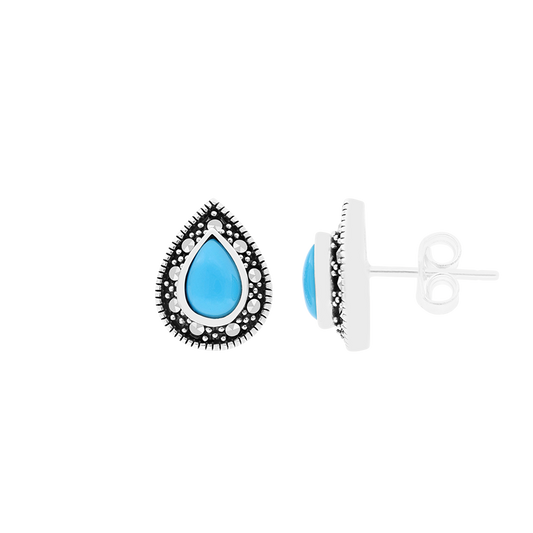Sterling Silver 925 Earring Embedded With Natural Processed Turquoise And Marcasite Stones