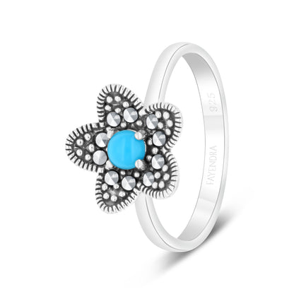 Sterling Silver 925 Ring Embedded With Natural Processed Turquoise And Marcasite Stones