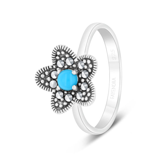 Sterling Silver 925 Ring Embedded With Natural Processed Turquoise And Marcasite Stones