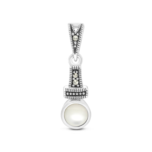 Sterling Silver 925 Pendant Embedded With Natural White Shell And Marcasite Stones