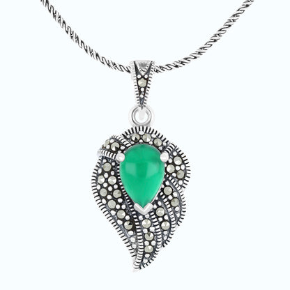 Sterling Silver 925 Pendant Embedded With Natural Green Agate And Marcasite Stones