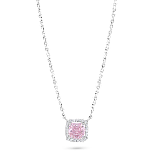 Sterling Silver 925 Necklace Rhodium Plated Embedded With Pink Zircon And White Zircon