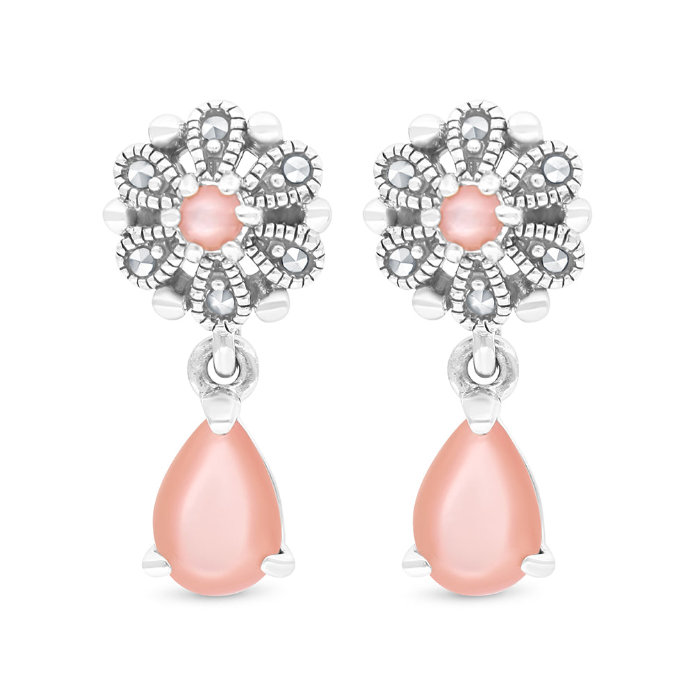 Sterling Silver 925 Set Embedded With Natural Pink Shell And Marcasite Stones