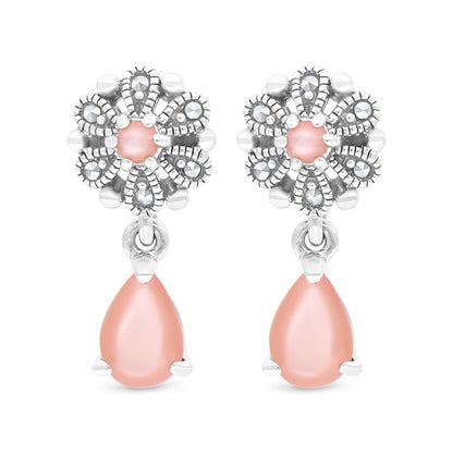 Sterling Silver 925 Set Embedded With Natural Pink Shell And Marcasite Stones