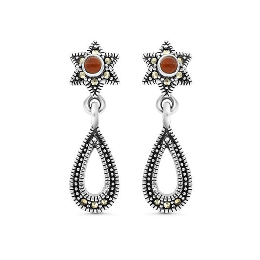 Sterling Silver 925 Earring Embedded With Natural Aqiq And Marcasite Stones