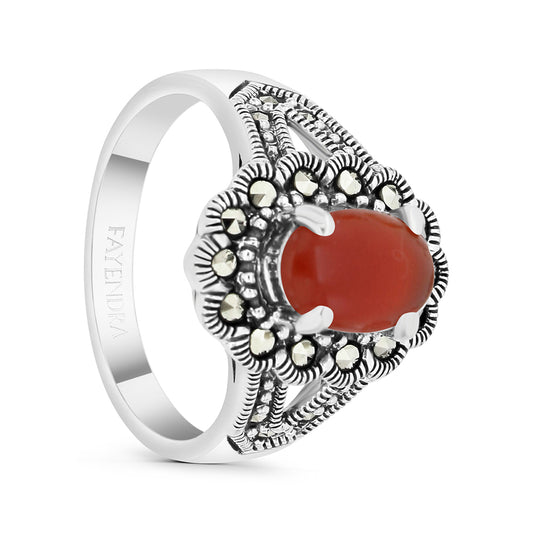 Sterling Silver 925 Ring Embedded With Natural Aqiq And Marcasite Stones