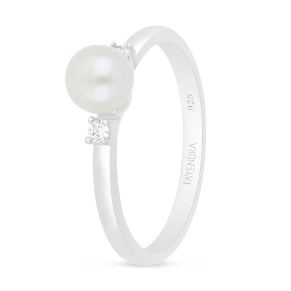 Sterling Silver 925 Ring Rhodium Plated Embedded With Natural White Pearl And White Zircon