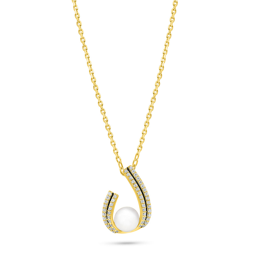 Sterling Silver 925 Necklace Gold Plated Embedded With Natural White Pearl And White Zircon