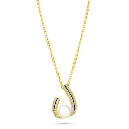 Sterling Silver 925 Necklace Gold Plated Embedded With Natural White Pearl And White Zircon