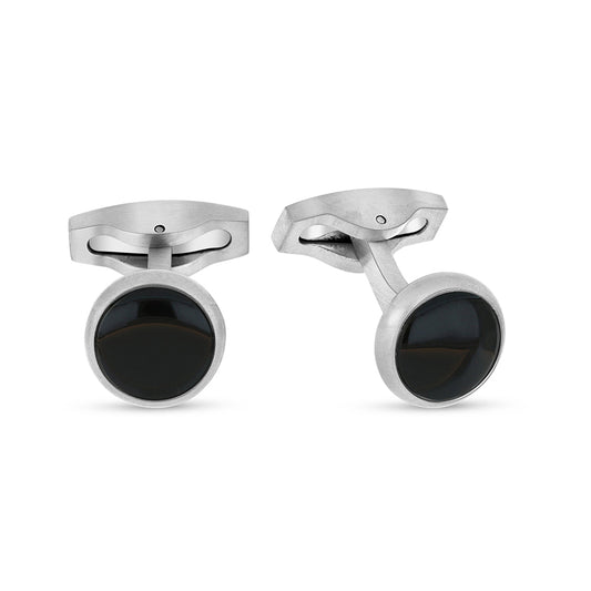 Stainless Steel Cufflink 316L Silver Color Embedded With Black Agate Shiny Steel