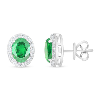 Sterling Silver 925 Earring Rhodium Plated Embedded With Emerald Zircon And White Zircon