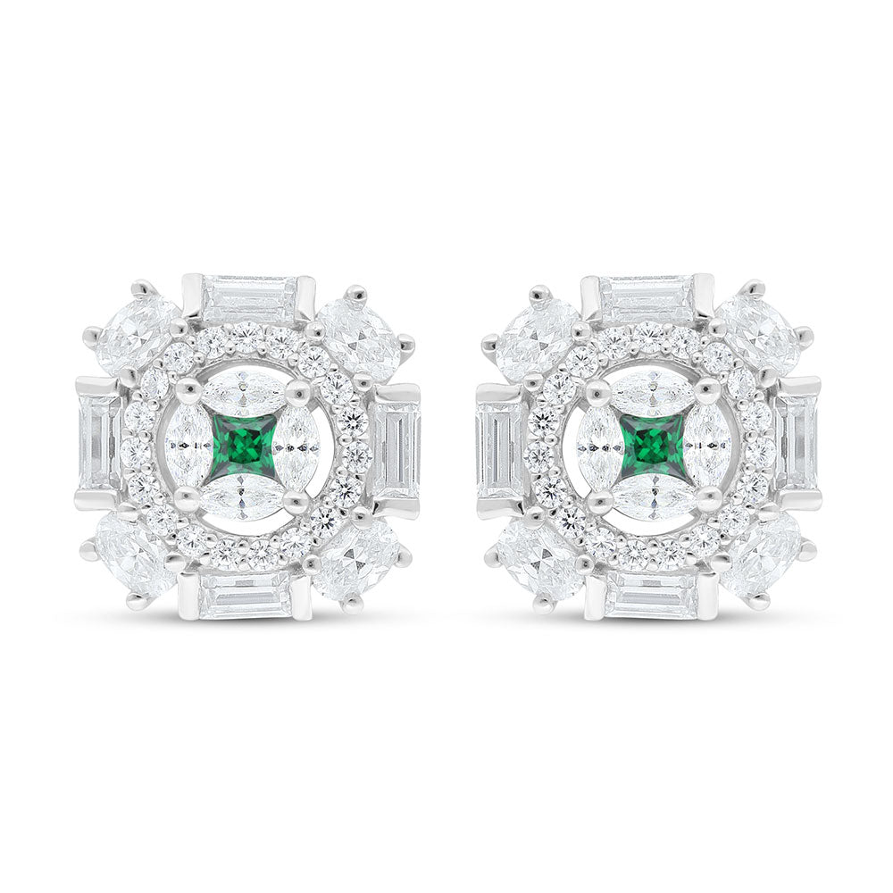 Sterling Silver 925 Earring Rhodium Plated Embedded With Emerald Zircon And White Zircon