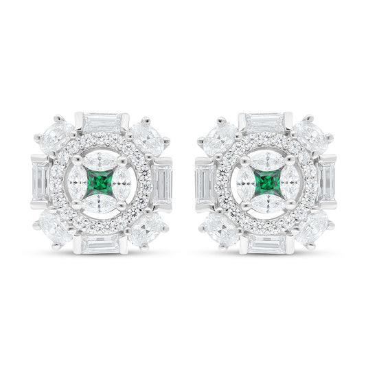 Sterling Silver 925 Earring Rhodium Plated Embedded With Emerald Zircon And White Zircon