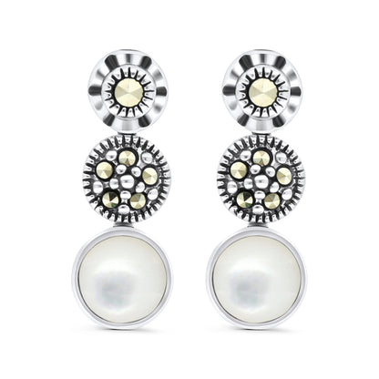 Sterling Silver 925 Set Embedded With Natural White Shell And Marcasite Stones