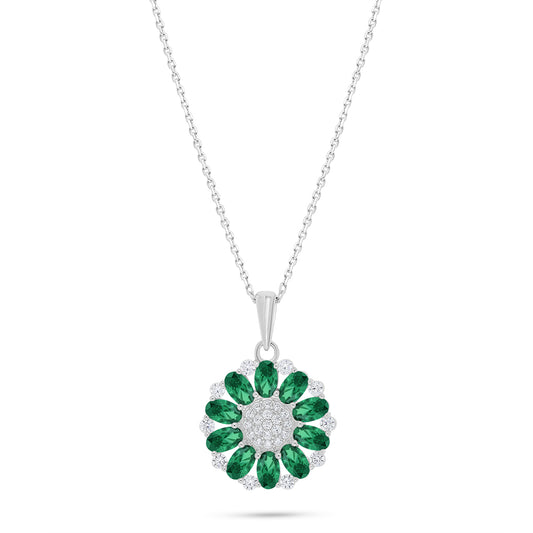 Sterling Silver 925 Necklace Rhodium Plated Embedded With Emerald Zircon And White Zircon