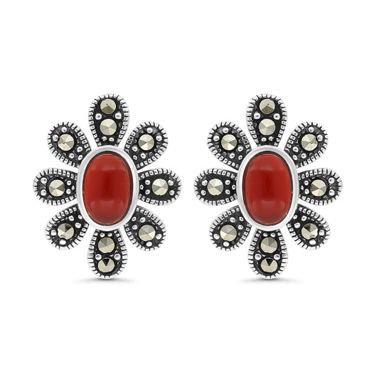Sterling Silver 925 Earring Embedded With Natural Aqiq And Marcasite Stones