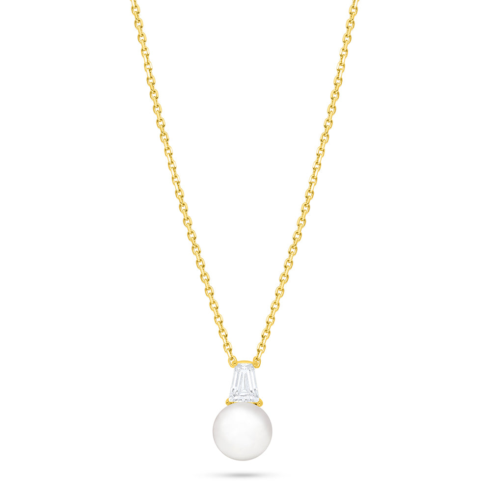 Sterling Silver 925 Necklace Golden Plated Embedded With Natural White Pearl And White Zircon