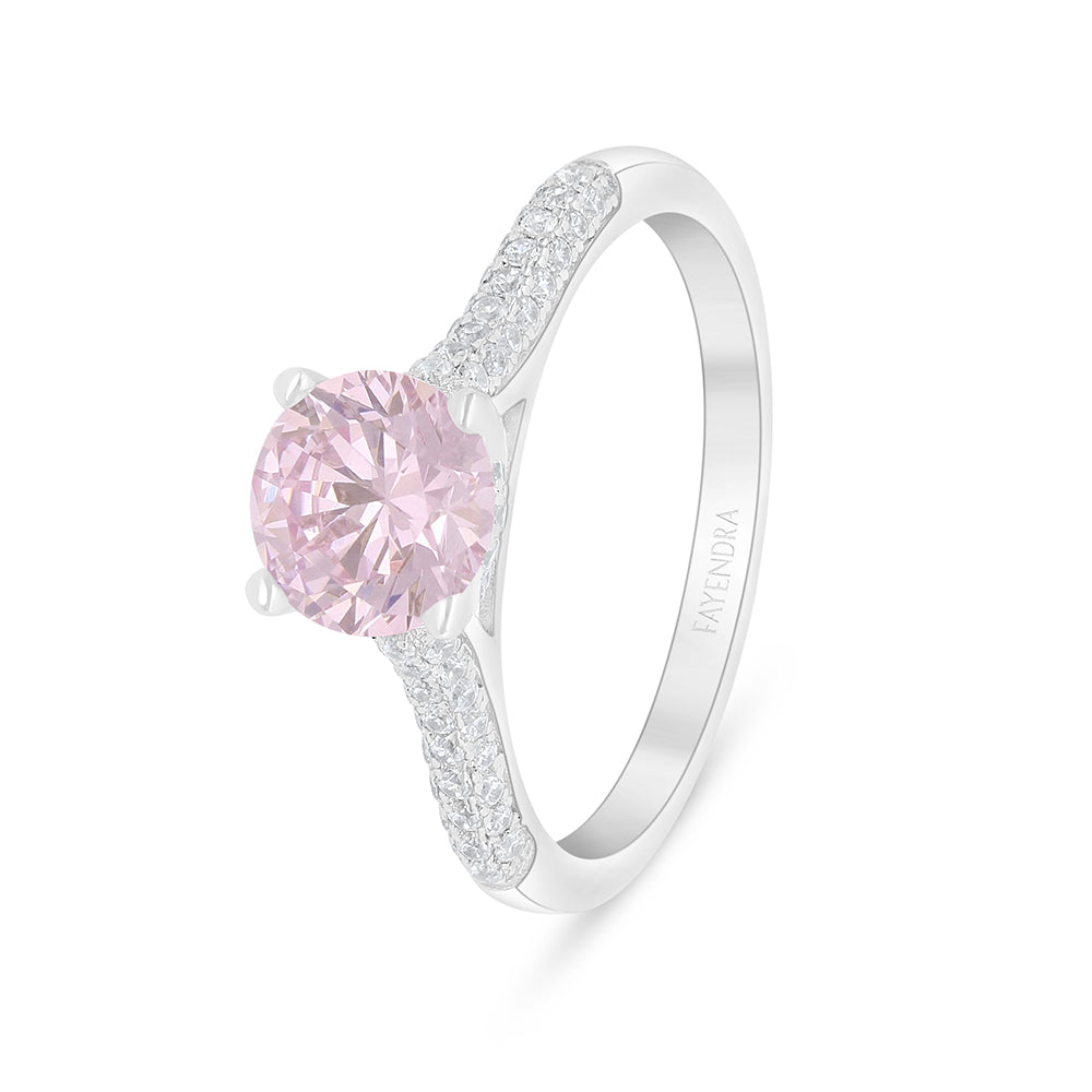 Sterling Silver 925 Ring Rhodium Plated Embedded With Pink Zircon And White Zircon