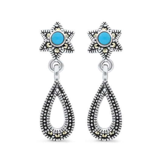 Sterling Silver 925 Earring Embedded With Natural Processed Turquoise And Marcasite Stones