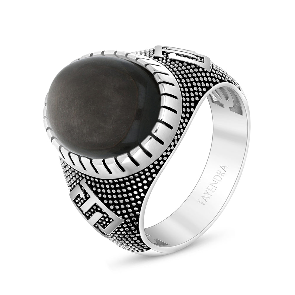 Sterling Silver 925 Ring Rhodium And Black Plated Embedded With Cabochon Obsidian For Men