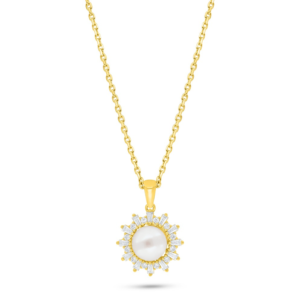 Sterling Silver 925 Necklace Golden Plated Embedded With Natural White Pearl And White Zircon