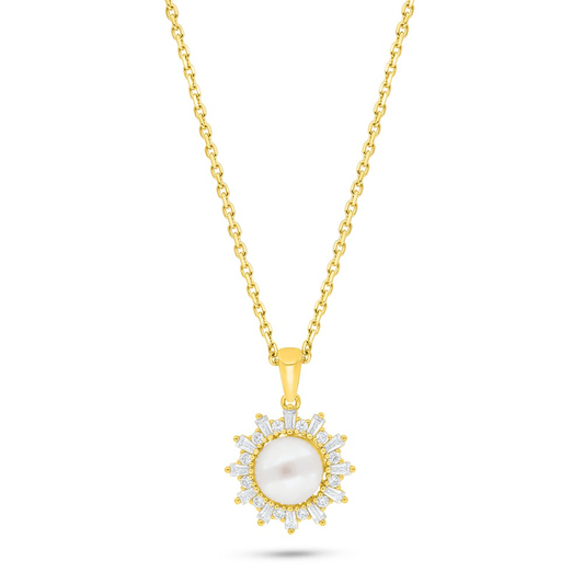 Sterling Silver 925 Necklace Golden Plated Embedded With Natural White Pearl And White Zircon