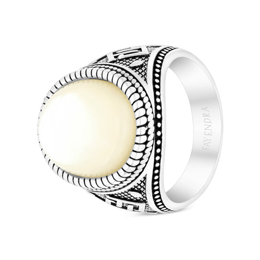 Sterling Silver 925 Ring Rhodium Plated Embedded With White MOP For Men LOGO
