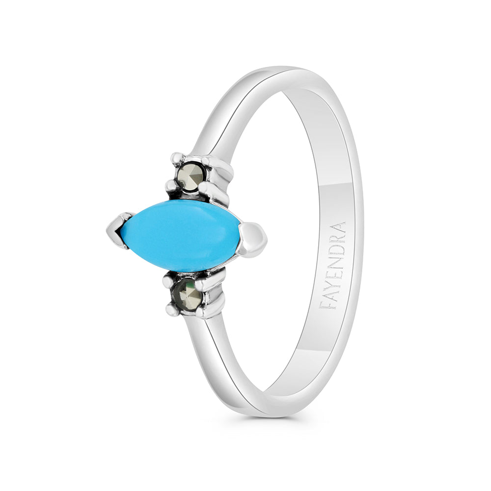 Sterling Silver 925 Ring Embedded With Natural Processed Turquoise And Marcasite Stones