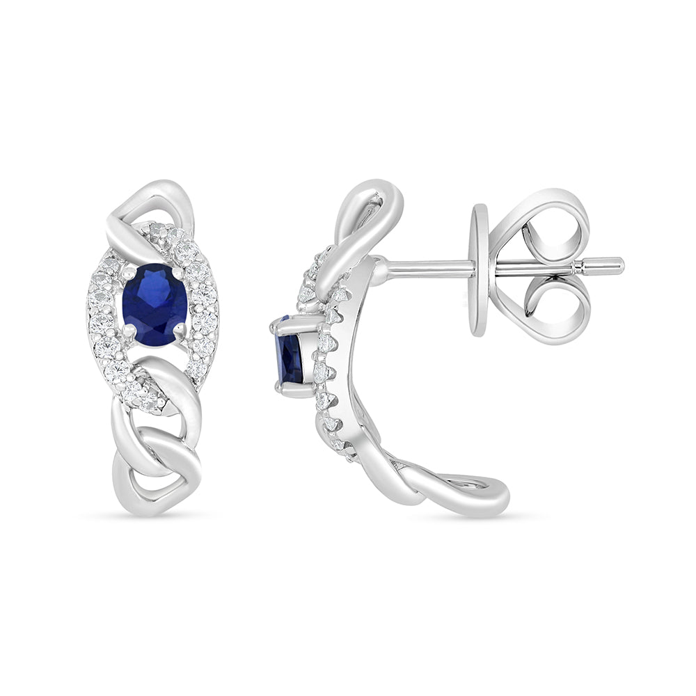 Sterling Silver 925 Earring Rhodium Plated Embedded With Sapphire Corundum And White Zircon