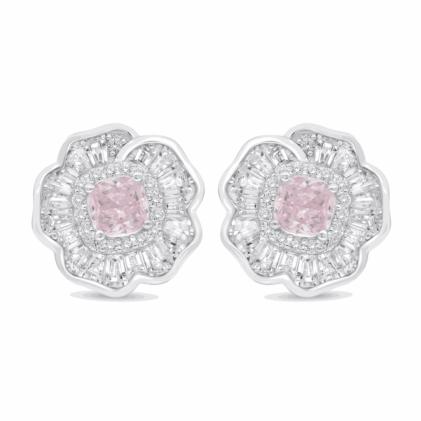 Sterling Silver 925 Earring Rhodium Plated Embedded With Pink Zircon And White Zircon