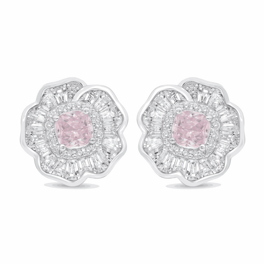 Sterling Silver 925 Earring Rhodium Plated Embedded With Pink Zircon And White Zircon