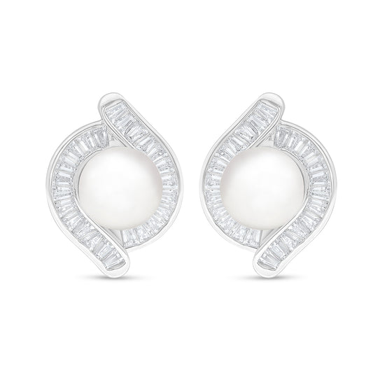 Sterling Silver 925 Earring Rhodium Plated Embedded With Natural White Pearl And White Zircon