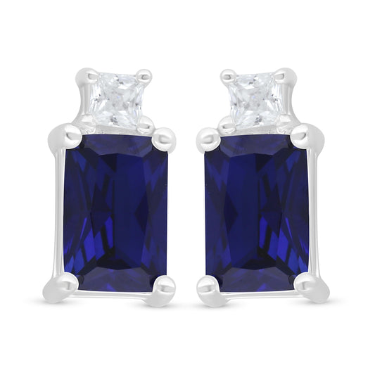 Sterling Silver 925 Earring Rhodium Plated Embedded With Sapphire Corundum And White Zircon