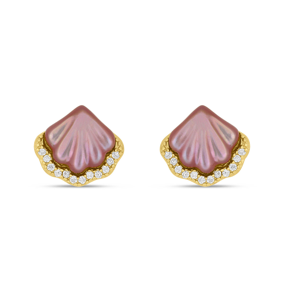 Sterling Silver 925 Earring Golden Plated Embedded With Pink Shell And White Zircon
