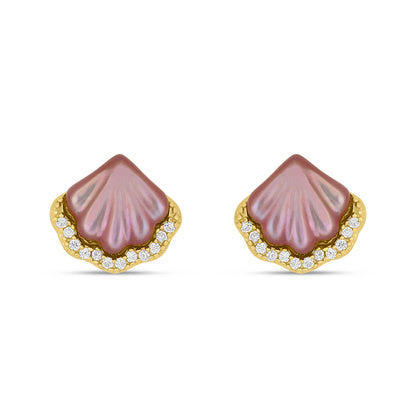 Sterling Silver 925 Earring Golden Plated Embedded With Pink Shell And White Zircon