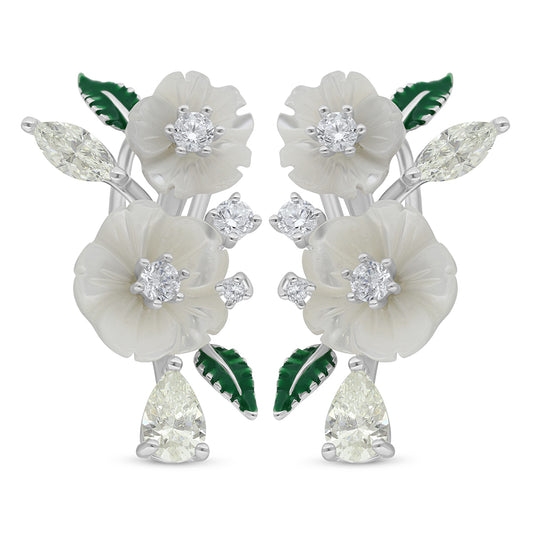 Sterling Silver 925 Earring Rhodium Plated Embedded With White Shell And Diamond Zircon And White Zircon