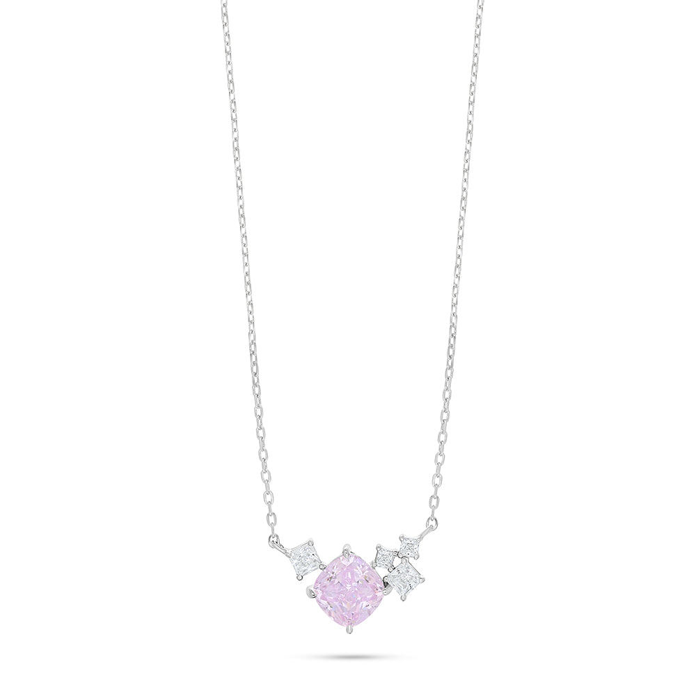 Sterling Silver 925 Necklace Rhodium Plated Embedded With Pink Zircon And White Zircon