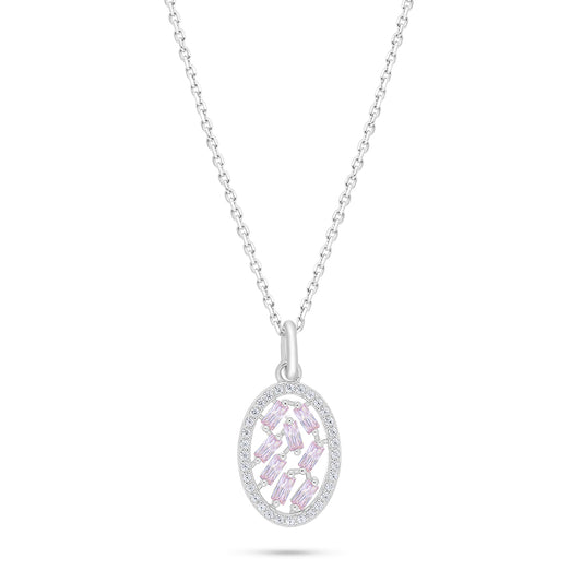 Sterling Silver 925 Necklace Rhodium Plated Embedded With pink Zircon And White Zircon