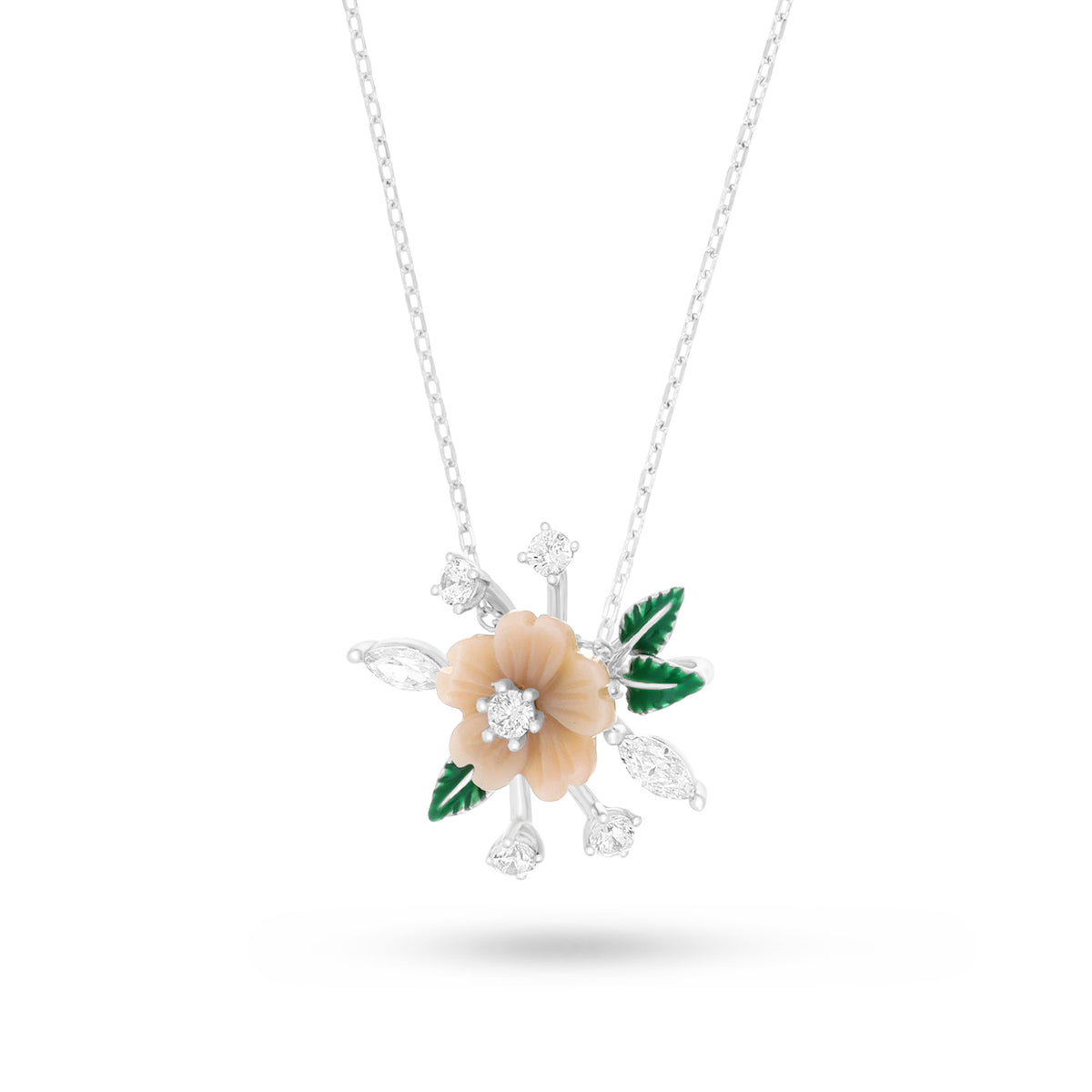 Sterling Silver 925 Necklace Rhodium Plated Embedded With Pink Shell And White Zircon