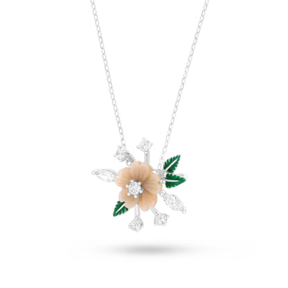 Sterling Silver 925 Necklace Rhodium Plated Embedded With Pink Shell And White Zircon