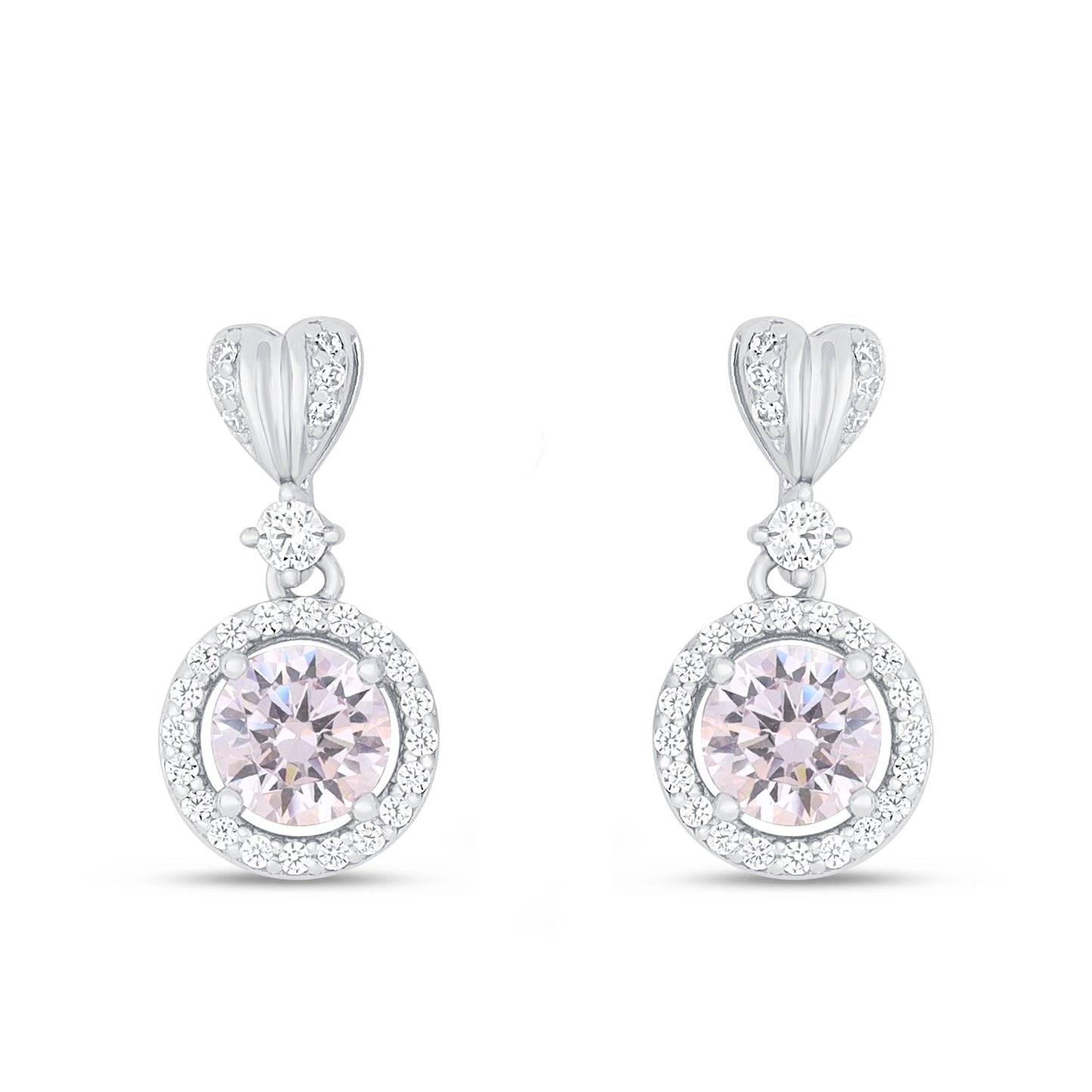 Sterling Silver 925 Earring Rhodium Plated Embedded With Pink Zircon And White Zircon