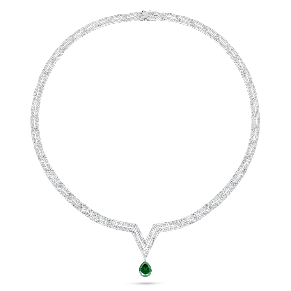 Sterling Silver 925 Necklace Rhodium Plated Embedded With Emerald Zircon And White Zircon