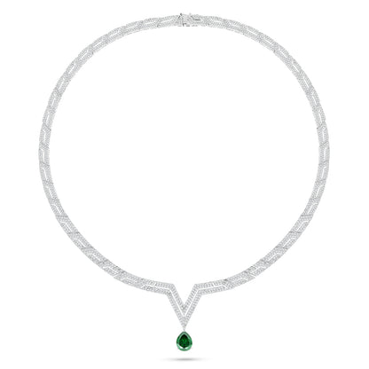 Sterling Silver 925 Necklace Rhodium Plated Embedded With Emerald Zircon And White Zircon
